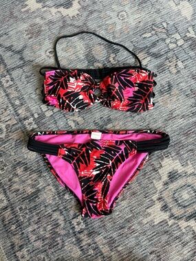 Xhilaration Pink Red Black Tropical Print Bikini